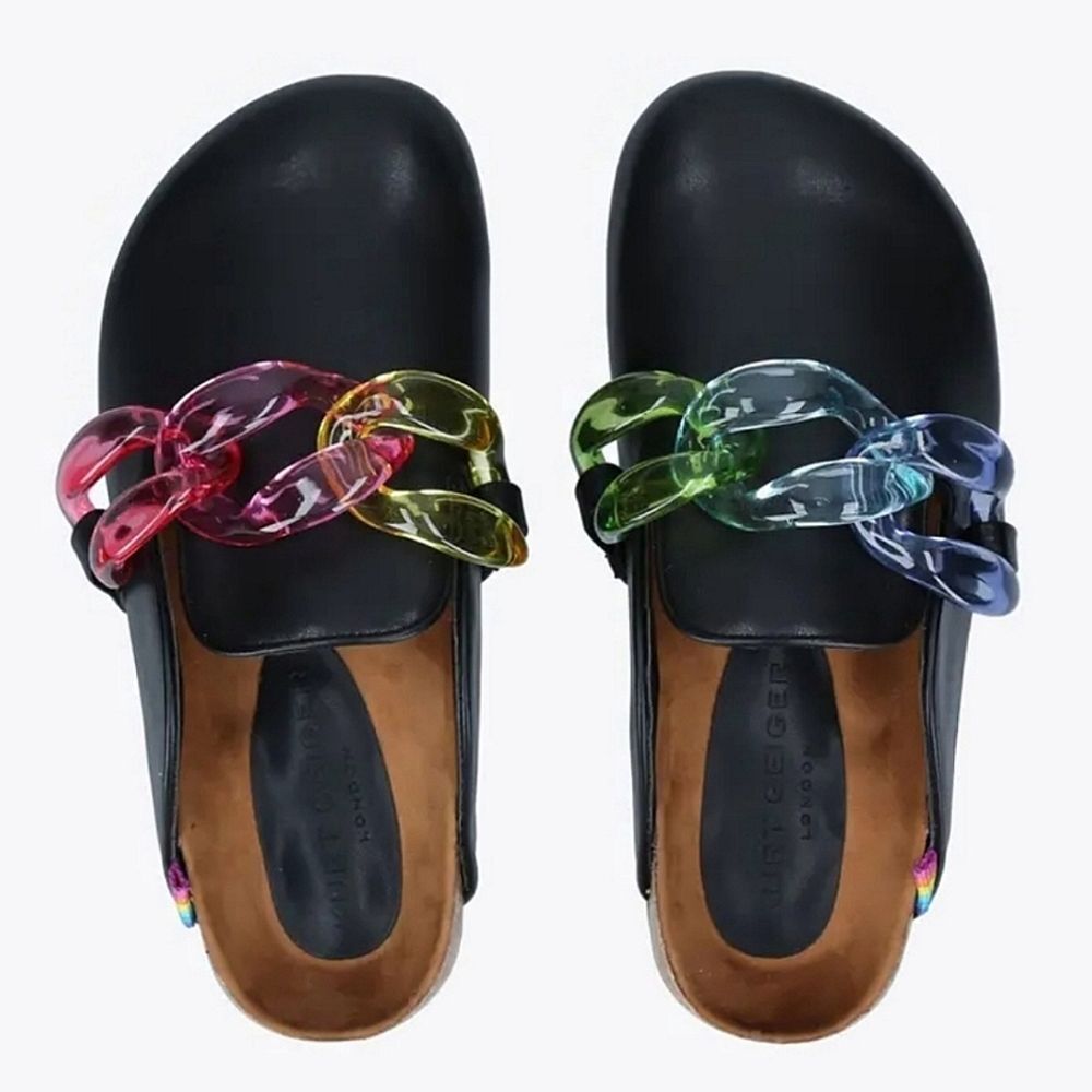 Kurt Geiger Black Mules with Rainbow Chain